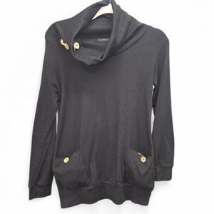 Black Cowl Neck Pullover Top Medium Button Detail Pocket Sweatshirt Comfy Chic